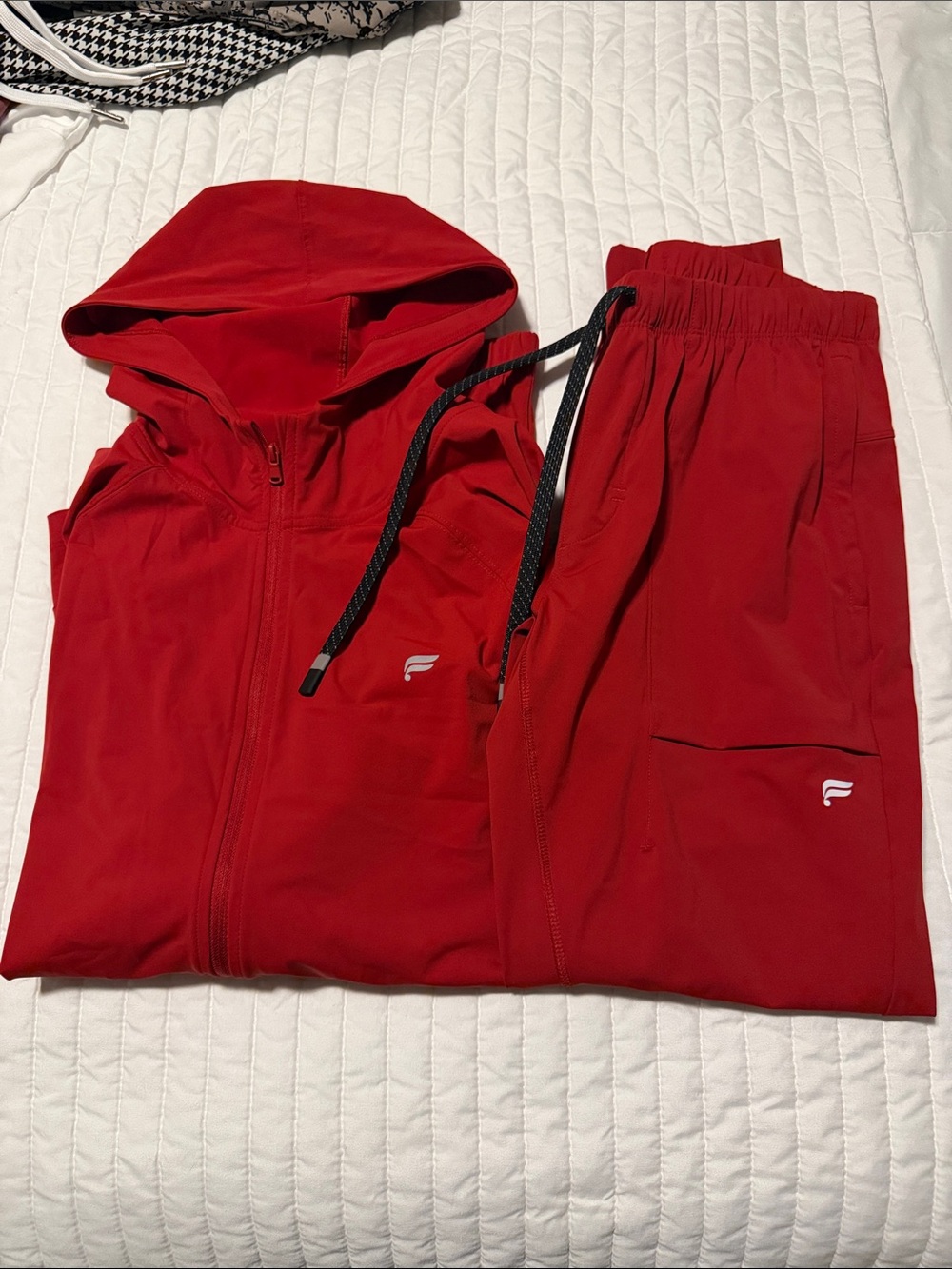 Fabletics, the one jacket and jogger athletic set red size small men’s